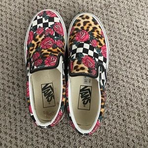 Vans slip on checkered leopard flowers size 6